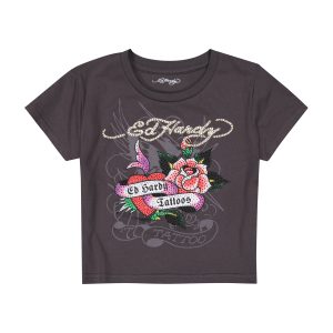 Rose Heart Baby Tee - Charcoal